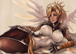 Rule 34 | 1girl, blonde hair, blue eyes, bodysuit, breasts, brown pantyhose, covered erect nipples, curvy, gloves, halo, high ponytail, kachima, large breasts, lips, long hair, looking at viewer, lying, mechanical halo, mechanical wings, mercy (overwatch), on side, overwatch, overwatch 1, pantyhose, patreon, patreon username, ponytail, solo, thigh gap, unaligned breasts, watermark, wings