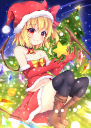 Rule 34 | 1girl, alternate costume, bare shoulders, bell, black choker, black thighhighs, blonde hair, blush, boots, bow, bowtie, breasts, brown footwear, choker, christmas, christmas tree, commentary request, crystal, elbow gloves, fang, fang out, flandre scarlet, gloves, hair between eyes, hat, hat bow, highres, lens flare, light particles, looking at viewer, midriff, miy@, navel, neck bell, night, night sky, one side up, pom pom (clothes), red bow, red bowtie, red eyes, red gloves, red hat, red ribbon, red skirt, ribbon, santa costume, santa hat, short hair, skirt, sky, small breasts, smile, solo, star (sky), stomach, strapless, thighhighs, thighs, touhou, tube top, wings, yellow bow