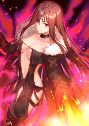 Rule 34 | 1girl, akuta hinako, black choker, black dress, breasts, brown hair, choker, cleavage, closed mouth, collarbone, commentary request, dress, fate/grand order, fate (series), fire, fur-trimmed jacket, fur trim, gogatsu fukuin, hair between eyes, highres, holding, holding sword, holding weapon, jacket, long hair, long sleeves, looking at viewer, medium breasts, navel, open clothes, open jacket, red eyes, revealing clothes, signature, sleeves past fingers, sleeves past wrists, smile, solo, sword, very long hair, weapon, yu mei-ren (fate)