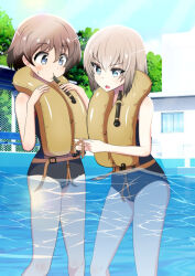 Rule 34 | 2girls, akaboshi koume, black one-piece swimsuit, blowing, blue eyes, blue sky, brown hair, commentary, commentary request, commission, day, english commentary, frown, girls und panzer, grey hair, itsumi erika, life vest, looking at another, medium hair, mixed-language commentary, multiple girls, one-piece swimsuit, open mouth, outdoors, partial commentary, pool, school swimsuit, short hair, skeb commission, sky, standing, sweatdrop, swimsuit, tokishiro (himawarihatake), wading