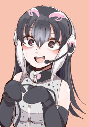 Rule 34 | 1girl, absurdres, african penguin (kemono friends), animal costume, black eyes, black gloves, black hair, blush, elbow gloves, gloves, headphones, highres, kanmoku-san, kemono friends, kemono friends v project, long hair, looking at viewer, microphone, multicolored hair, open mouth, penguin costume, purple hair, shirt, simple background, sleeveless, sleeveless shirt, solo, sweat, virtual youtuber, white hair