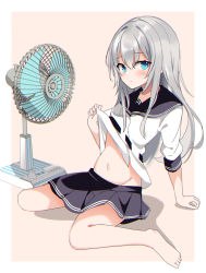 Rule 34 | 1girl, absurdres, barefoot, black sailor collar, black skirt, blue eyes, clothes lift, commentary request, electric fan, fathom, full body, hibiki (kancolle), highres, kantai collection, long hair, looking at viewer, sailor collar, shirt, shirt lift, simple background, sitting, skirt, solo, verniy (kancolle), wariza, white hair, white shirt