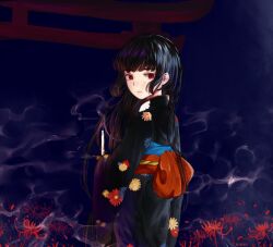 Rule 34 | 1girl, artist name, back bow, black hair, black kimono, blue background, bow, candle, closed mouth, commentary, english commentary, enma ai, floral print, flower, from behind, frown, holding, holding candle, japanese clothes, jigoku shoujo, kikkidream, kimono, long hair, long sleeves, looking at viewer, looking back, obi, red bow, red eyes, red sash, sash, smoke, solo, spider lily, straight hair, torii, wide sleeves