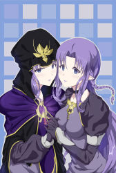 Rule 34 | 2girls, absurdres, black gloves, breasts, cape, medea (fate), dual persona, fate/stay night, fate (series), gloves, holding hands, highres, hood, lipstick, long hair, makeup, medium breasts, multiple girls, pointy ears, purple eyes, purple hair, purple lips, zha cha jiang
