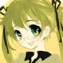 Rule 34 | 1girl, black ribbon, black shirt, blonde hair, collared shirt, glasses, goshiki suzu, green eyes, hair ribbon, looking at viewer, lowres, open mouth, portrait, ribbon, shirt, simple background, solo, tareme, teeth, twintails, upper teeth only, yellow background