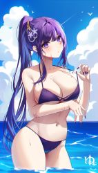 Rule 34 | 1girl, absurdres, beach, bikini, bikini pull, breasts, cleavage, clothes pull, covered erect nipples, dripping, genshin impact, hair ornament, halterneck, highres, in water, large breasts, looking at viewer, nail polish, navel, outdoors, ponytail, purple bikini, purple eyes, purple hair, purple nails, raiden shogun, solo, standing, string bikini, swimsuit, thick thighs, thighs, underboob, wet, yuki (o2)