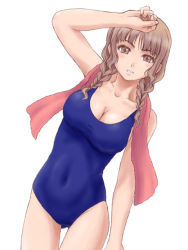 Rule 34 | 1girl, braid, breasts, brown eyes, brown hair, cleavage, hand on forehead, iga tomoteru, kimi kiss, large breasts, mizusawa mao, one-piece swimsuit, solo, swimsuit, towel, twin braids