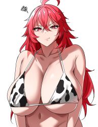 Rule 34 | 1girl, ahoge, animal print, bikini, breasts, closed mouth, cow print, frown, goddess of victory: nikke, huge breasts, light blush, long hair, nihilister (nikke), red eyes, red hair, ryo (d1auj8vi8l65785), sidelocks, simple background, skindentation, solo, squiggle, swimsuit, white background