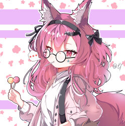 Rule 34 | ..., 1girl, absurdres, alternate costume, animal ear fluff, animal ears, arknights, bag, bat hair ornament, black bow, black hairband, bow, candy, commentary, food, food in mouth, fox ears, fox girl, fox tail, glasses, hair bow, hair ornament, hairband, highres, holding, holding candy, holding food, holding lollipop, lollipop, long hair, long sleeves, looking at viewer, mouth hold, pink hair, puffy long sleeves, puffy sleeves, round eyewear, shamare (arknights), shirt, shoulder bag, signature, solo, speech bubble, spoken ellipsis, star sticker, tail, upper body, white shirt, yunduan tianshang de long yt