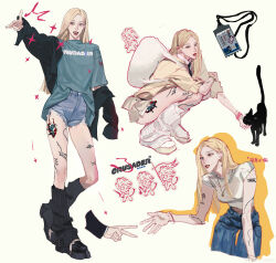 Rule 34 | 3girls, absurdres, arm tattoo, backpack, bag, black cat, black footwear, black jacket, blackpink, blonde hair, blue shorts, boots, breasts, brown eyes, cat, chinese commentary, denim, denim shorts, finger gun, green shirt, hair behind ear, highres, id card, incredibly absurdres, jacket, jewelry, k-pop, leaning forward, lecrosade, long hair, medium breasts, multiple girls, multiple views, necklace, off shoulder, parted lips, petting, real life, rose (blackpink), shirt, shorts, smile, squatting, sweater, tattoo, tube socks, v, very long hair, white background, white shirt, yellow sweater