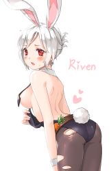 Rule 34 | 1girl, alternate costume, animal ears, bad id, bad pixiv id, bare shoulders, battle bunny riven, black pantyhose, breasts, canape (canape0130), covering privates, covering breasts, fake animal ears, folded ponytail, highres, kemonomimi mode, league of legends, leotard, looking at viewer, pantyhose, playboy bunny, rabbit ears, red eyes, riven (league of legends), short hair, sideboob, solo, torn clothes, torn pantyhose, white background, white hair