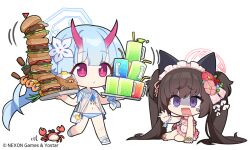 Rule 34 | 2girls, animal, animal ears, aqua hair, bag, bikini, blue archive, burger, chise (blue archive), chise (swimsuit) (blue archive), crab, flower, food, frilled bikini, frills, holding, holding tray, horns, long hair, maid headdress, multiple girls, nemoga, official art, open mouth, pink bikini, pink flower, purple eyes, red flower, sailor collar, shizuko (blue archive), shizuko (swimsuit) (blue archive), simple background, sitting, standing, striped bikini, striped clothes, swimsuit, tray, twintails, very long hair, white background, white flower, white sailor collar