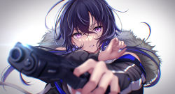 Rule 34 | 1girl, aiming, aiming at viewer, bare shoulders, black hair, blue hair, blurry, blurry foreground, depth of field, earrings, fur trim, glock, gun, handgun, highres, holding, holding gun, holding weapon, ichinose uruha, jewelry, lens flare, long hair, looking at viewer, lupinus virtual games, multicolored hair, parted lips, purple eyes, rairaisuruyo, simple background, solo, two-tone hair, upper body, virtual youtuber, vspo!, weapon, white background
