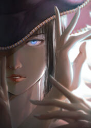 Rule 34 | 1girl, absurdres, black hair, blue eyes, blue hair, blunt bangs, commentary, cowboy hat, english commentary, extra arms, hana hana no mi, hat, highres, long hair, looking at viewer, nico robin, nico robin (alabasta), nzkn, one piece, purple hat, solo, teeth