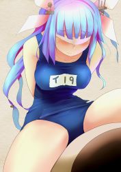 Rule 34 | 10s, 1girl, arms behind back, blindfold, blue hair, blue one-piece swimsuit, blunt bangs, blush, breasts, hair ornament, hair ribbon, i-19 (kancolle), ishikkoro, kantai collection, large breasts, long hair, one-piece swimsuit, open mouth, personification, ribbon, school swimsuit, solo, straddling, sweatdrop, swimsuit, torpedo, twintails