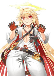 Rule 34 | 1girl, blonde hair, candy, cleavage cutout, clothing cutout, spiked halo, eating, fingernails over gloves, food, gloves, guilty gear, guilty gear xrd, halo, highres, jack-o&#039; valentine, lollipop, long hair, looking at viewer, red eyes, simple background, white background