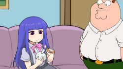 Rule 34 | 1boy, 1girl, :|, belt, black skirt, blue hair, blunt bangs, bow, closed mouth, collared shirt, commentary, couch, crack cocaine, crossover, doorway, expressionless, family guy, fire, fire, furude rika, glasses, green pants, highres, higurashi no naku koro ni, hime cut, holding, holding lighter, indoors, lighter, looking at another, looking down, nvi2762, pants, peter griffin, pink bow, purple eyes, shirt, short sleeves, sidelocks, sitting, skirt, smoking, suspender skirt, suspenders, white shirt, wing collar