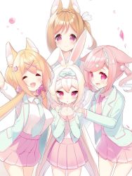 Rule 34 | 4girls, ^ ^, amamiya aki, amamiya mei, animal ear fluff, animal ears, blazer, blonde hair, braid, breasts, cherry blossoms, closed eyes, cynthia riddle, fox ears, fox girl, hair ornament, hair scrunchie, hairclip, hands on another&#039;s shoulders, highres, jacket, light brown hair, long hair, low twintails, medium breasts, medium hair, milia leclerc, mofu-mofu after school, mofumofu channel, multiple girls, necktie, one side up, open mouth, p19, petals, pink eyes, pink hair, pink skirt, pleated skirt, purple eyes, rabbit ears, rabbit girl, school uniform, scrunchie, shirt, simple background, skirt, smile, twintails, vest, white background, white hair, white shirt, x hair ornament