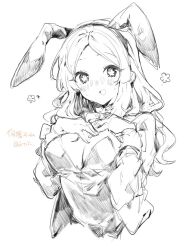 Rule 34 | 1girl, :d, animal ears, blush, breasts, cleavage, fake animal ears, flower, flower-shaped pupils, greyscale, headband, ikeuchi tanuma, leotard, long hair, long sleeves, looking at viewer, medium breasts, monochrome, ofi (ikeuchi tanuma), open mouth, original, parted bangs, playboy bunny, rabbit ears, simple background, sketch, smile, solo, symbol-shaped pupils, upper body, white background, wrist cuffs