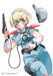 Rule 34 | 1girl, akai koudan zillion, alternate costume, aqua bodysuit, baseball cap, blue eyes, blue hat, bracer, breasts, cleavage, cleavage cutout, closed mouth, clothing cutout, commentary request, dutch angle, energy gun, frown, girls und panzer, grey hair, gun, hat, headset, highres, holding, holding gun, holding weapon, holster, inoue yoshihisa, knee pads, looking at viewer, medium breasts, partial commentary, science fiction, scouter, short hair, short sleeves, shoulder pads, simple background, solo, sparkle, standing, thigh holster, unworn headwear, weapon, white background, youko (girls und panzer)