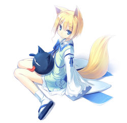 Rule 34 | 1girl, animal ears, blonde hair, blue eyes, fox ears, fox tail, kitsune (poko), kneeling, kuroino (poco), original, poco (asahi age), shiratama kitsune, short hair, solo, tabi, tail