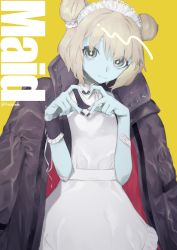 Rule 34 | 1girl, 5tsukado, bandaid, bandaid on arm, black nails, blonde hair, brown coat, closed mouth, coat, coat on shoulders, colored skin, double bun, english text, eyes visible through hair, fingernails, frills, green eyes, green skin, hair bun, heart, heart hands, highres, looking at viewer, maid, maid headdress, medium hair, nail polish, original, red coat, simple background, smile, solo, star-shaped pupils, star (symbol), symbol-shaped pupils, twitter username, yellow background
