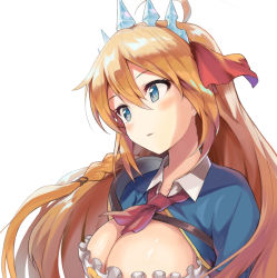 Rule 34 | 1girl, ascot, blue eyes, blush, braid, breasts, cleavage, commentary request, hair between eyes, hair ribbon, highres, large breasts, long hair, looking away, orange hair, pecorine (princess connect!), princess connect!, red ascot, red ribbon, ribbon, shuucream (syuichi), side braid, simple background, single braid, solo, tiara, upper body, white background