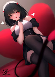 Rule 34 | 1girl, absurdres, alternate costume, bare shoulders, black-haired demon girl (shimmer), black thighhighs, breasts, buttons, commentary, double-breasted, enmaided, feet out of frame, grey background, hand up, heart, heart-shaped pupils, highres, horns, large breasts, maid, original, puffy short sleeves, puffy sleeves, red eyes, red horns, saliva, shimmer, short sleeves, sitting, solo, symbol-only commentary, symbol-shaped pupils, thighhighs, tongue