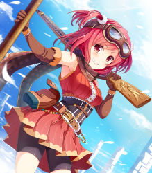 Rule 34 | 1girl, belt, bike shorts, cloud, day, dress, dual wielding, elbow gloves, feathers, gloves, goggles, goggles on head, grin, gun, holding, looking at viewer, noe noel, original, pouch, red eyes, red hair, rifle, side ponytail, sky, sleeveless, sleeveless dress, smile, solo, weapon