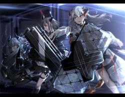 Rule 34 | 3girls, arknights, ballistic shield, black choker, black jacket, black skirt, brown eyes, choker, coat, commentary request, dazzler (weapon), earrings, electricity, electroshock weapon, energy, feet out of frame, female focus, flash shield, flashlight, gun, hammer, holding, holding gun, holding hammer, holding weapon, horns, jacket, jewelry, kazetto, less-than-lethal weapon, letterboxed, liskarm (arknights), long hair, long sleeves, mechanical legs, miniskirt, multiple girls, open mouth, pleated skirt, red eyes, saria (arknights), shield, short hair, silver hair, single mechanical leg, skirt, standing, stud earrings, stun shield, tail, thigh strap, vulcan (arknights), weapon, white coat, yellow eyes