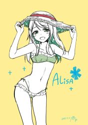 Rule 34 | 1girl, :d, alpha (yukai na nakamatachi), ayase alisa, bikini, blush, character name, commentary request, dated, frilled bikini, frills, green bikini, hair ornament, hairclip, half-closed eyes, hands on headwear, hat, highres, jpeg artifacts, love live!, love live! school idol project, open mouth, partially colored, simple background, smile, solo, straw hat, striped bikini, striped clothes, swimsuit, yellow background