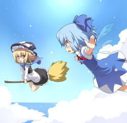 Rule 34 | 2girls, blonde hair, blue eyes, blue hair, broom, broom riding, cirno, cloud, day, eye contact, female focus, flying, hat, kirisame marisa, looking at another, mamo williams, multiple girls, ocean, outstretched arms, perfect cherry blossom, ribbon, scarf, short hair, sky, spread arms, touhou, wings, witch, witch hat, yellow eyes