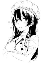 Rule 34 | akagi asahito, black hair, blush, breasts, buttons, cleavage, flower ornament, greyscale, hat, heart, highres, jacket, jewelry, long hair, long sleeves, looking at viewer, monochrome, necklace, open mouth, sketch, solo, upper body