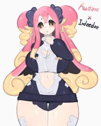 Rule 34 | absurdres, audino, blonde hair, blush, breasts, brown eyes, cleavage, cleavage cutout, clothing cutout, creatures (company), curly hair, finger to mouth, game freak, gen 5 pokemon, gen 8 pokemon, heart cutout, highres, huge breasts, indeedee, indeedee (female), looking at viewer, multicolored hair, navel, navel cutout, nintendo, pink hair, pokemon, pokemon (creature), sidelocks, thick thighs, thighs, togetoge, twintails, wide hips