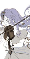 Rule 34 | 1girl, aguan, black hair, bow (music), closed mouth, copyright request, dress, glasses, grey dress, highres, instrument, long hair, multicolored hair, music, playing instrument, purple eyes, simple background, solo, streaked hair, upper body, violin, white background