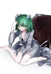 Rule 34 | 1girl, alt text, blush, bone, breasts, bucket, buckle, cleavage, closed mouth, commentary, dress, full body, green eyes, green hair, hair bobbles, hair ornament, highres, kisume, long sleeves, looking at viewer, short hair, simple background, sitting, skull, small breasts, solo, tearing up, touhou, two side up, vivo (vivo sun 0222), white background, white dress, wide sleeves, wooden bucket