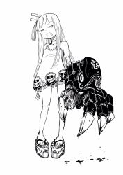 Rule 34 | 1girl, aki001208, antenna hair, bags under eyes, bare legs, bare shoulders, blood, child, claws, dress, facing viewer, female focus, full body, gauntlets, highres, long hair, looking at viewer, monochrome, open mouth, original, pigeon-toed, platform clogs, platform footwear, scar, short dress, single gauntlet, skull print, solo, standing, stitches, toes