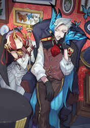 Rule 34 | 1boy, 1girl, absurdres, animal, armchair, bare shoulders, belt, belt buckle, black cape, blue eyes, bridal veil, brown pants, buckle, bug, butterfly, cape, chair, charles babbage (fate), choker, cleavage, facial hair, fate/apocrypha, fate/grand order, fate (series), flower, frankenstein&#039;s monster (fate), gloves, grey hair, heterochromia, highres, holding, holding weapon, horns, insect, james moriarty (archer) (fate), mustache, pants, pink hair, rose, see-through, see-through cleavage, sen-jou, single horn, sitting, veil, weapon, white flower, white gloves, white rose