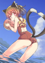 Rule 34 | 1girl, animal ears, ball, bow, brown hair, casual one-piece swimsuit, cat ears, cat girl, cat tail, chen, cloud, day, earrings, female focus, gradient hair, jewelry, multicolored hair, multiple tails, one-piece swimsuit, red eyes, sasaharu, short hair, sky, solo, swimsuit, tail, touhou, water
