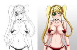 Rule 34 | 10s, 1girl, asortofcolorfag, before and after, bikini, blonde hair, blue eyes, blush, breasts, cleavage, collaboration, colorized, female focus, hakodate omiko, kill la kill, large breasts, long hair, micro bikini, navel, no headwear, no headwear, red bikini, scope, side-tie bikini bottom, sketch, narrow waist, smile, solo, swimsuit, the golden smurf, twintails, underboob