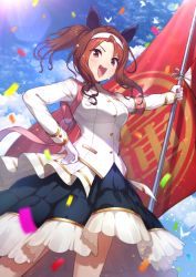 Rule 34 | 1girl, absurdres, animal ears, bird, black skirt, brown eyes, brown hair, cloud, confetti, day, ear covers, flag, gloves, green322, hair intakes, hairband, hand on own hip, highres, holding, holding flag, horse ears, jacket, king halo (noble white cheer attire) (umamusume), king halo (umamusume), lens flare, long sleeves, looking at viewer, medium hair, open mouth, outdoors, ponytail, skirt, smile, solo, sparkle, sweat, teeth, umamusume, upper teeth only, v-shaped eyebrows, white gloves, white jacket