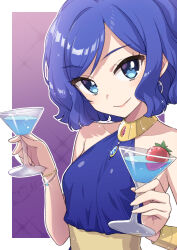 Rule 34 | 1girl, aikatsu!, aikatsu! (series), blue dress, blue eyes, blue hair, bracelet, breasts, closed mouth, cup, dress, drinking glass, earrings, heebee, holding, holding cup, jewelry, kiriya aoi, looking at viewer, short hair, small breasts, smile, solo