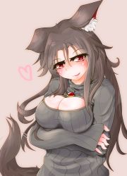 Rule 34 | 1girl, animal ears, bad id, bad pixiv id, blush, breast hold, breasts, brown hair, cleavage, cleavage cutout, clothing cutout, crossed arms, fang, heart, highres, imaizumi kagerou, jewelry, large breasts, long hair, looking at viewer, meme attire, nama shirasu, open-chest sweater, open mouth, pink background, red eyes, simple background, solo, sweater, tail, tail wagging, touhou, wolf ears, wolf tail