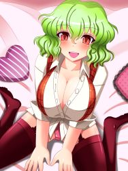 Rule 34 | 1girl, bad id, bad pixiv id, black thighhighs, breasts, cleavage, curly hair, female focus, from above, garter straps, green hair, heart, heart-shaped pillow, highres, kazami yuuka, large breasts, open clothes, open shirt, pillow, red eyes, shin&#039;en (gyokuro company), shirt, short hair, sitting, smile, solo, thighhighs, touhou, vest, wariza