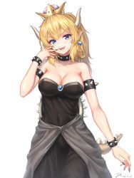 Rule 34 | &gt;:d, 1girl, :d, absurdres, armlet, baek hyang, black dress, black nails, blonde hair, blue eyes, blue gemstone, blush, bowsette, bracelet, breasts, cleavage, collar, covered navel, cowboy shot, crown, dated, dress, earrings, female focus, fingernails, gem, hair between eyes, hand on own cheek, hand on own face, hand up, head tilt, highres, horns, jewelry, large breasts, long hair, looking at viewer, mario (series), monster girl, nail polish, neck, new super mario bros. u deluxe, nintendo, open mouth, pointy ears, ponytail, sharp teeth, signature, simple background, smile, solo, spiked armlet, spiked bracelet, spiked collar, spiked shell, spikes, standing, strapless, strapless dress, super crown, tail, teeth, upper teeth only, v-shaped eyebrows, white background, white horns