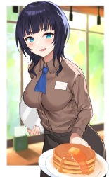 Rule 34 | 10s, 1girl, asaka karin, asato (fadeless), black hair, blue eyes, blue neckwear, blush, breasts, brown shirt, butter, collared shirt, food, highres, holding, holding plate, holding tray, large breasts, looking at viewer, love live!, love live! nijigasaki high school idol club, medium hair, open mouth, pancake, plate, shirt, smile, solo, standing, tray