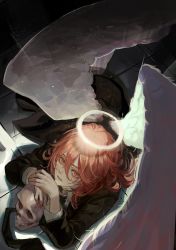 Rule 34 | 1boy, angel devil (chainsaw man), black necktie, chainsaw man, doodoopi4, formal, halo, highres, long sleeves, looking at viewer, necktie, open mouth, red eyes, red hair, skull, solo, suit, teeth, white wings, wings