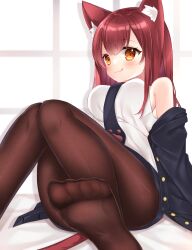 Rule 34 | 1girl, :q, animal ear fluff, animal ears, black jacket, black necktie, black skirt, blush, breasts, brown eyes, brown hair, brown pantyhose, cat ears, cat girl, cat tail, closed mouth, commission, copyright request, feet, feet out of frame, hair between eyes, highres, jacket, knees together feet apart, large breasts, licking lips, long hair, necktie, no shoes, off shoulder, open clothes, open jacket, pantyhose, shikito (yawa0w0), shirt, skeb commission, skirt, smile, soles, solo, tail, toes, tongue, tongue out, white shirt, window