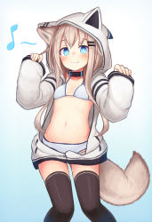 Rule 34 | 1girl, animal ears, animal hood, bikini, bikini under clothes, blue eyes, breasts, commentary request, fang, fang out, highres, hood, hood up, hoodie, light brown hair, long hair, long sleeves, musical note, naked hoodie, no pants, open clothes, original, partially unzipped, reitou mikan, sleeves past wrists, small breasts, smile, solo, swimsuit, tail, thighhighs