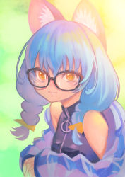 Rule 34 | 1girl, animal ears, bad id, bad pixiv id, bespectacled, black-framed eyewear, black shirt, blue hair, blue jacket, cat ears, closed mouth, expressionless, glasses, green background, jacket, jj (ssspulse), long hair, looking at viewer, multicolored background, precure, shirt, sleeveless, sleeveless shirt, solo, star twinkle precure, twintails, upper body, yellow background, yellow eyes, yuni (precure)